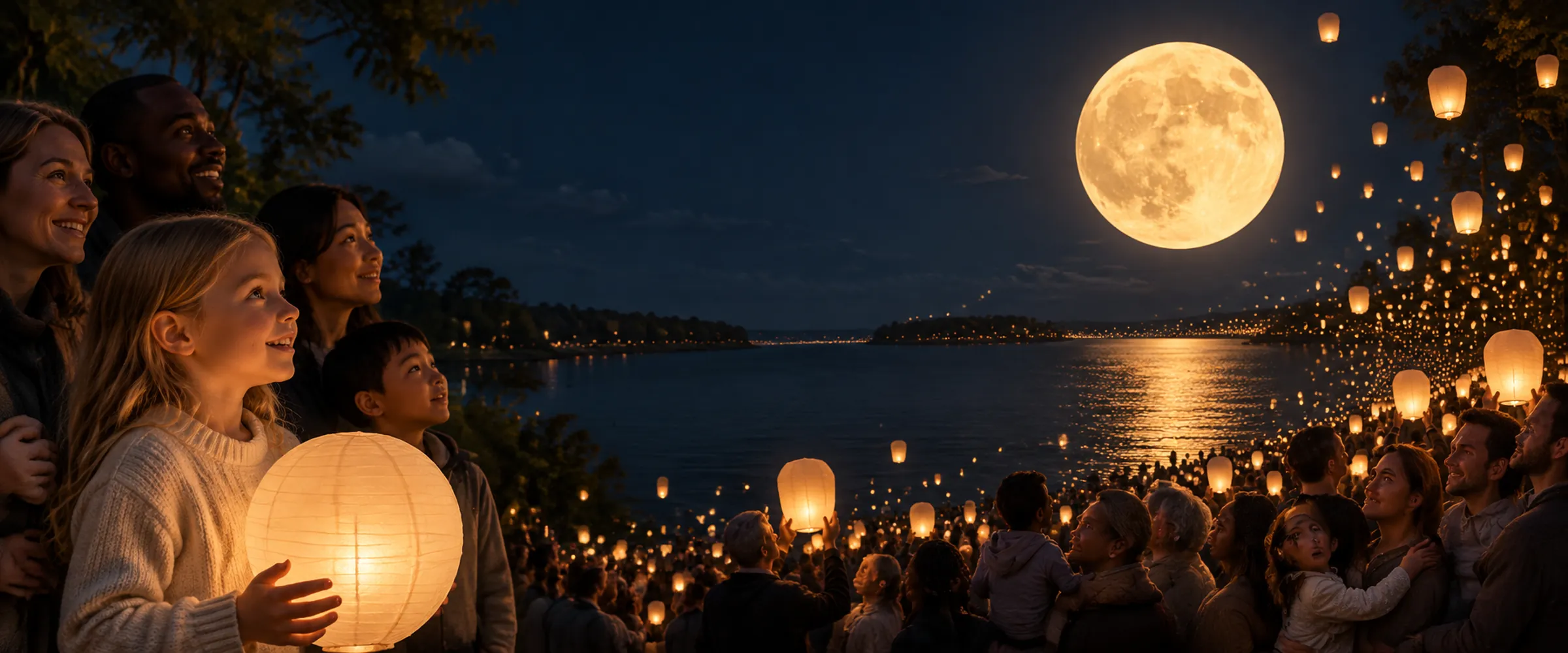 A child holding a cream paper lantern beside diverse families as thousands of lanterns rise above a grand waterfront crowd beneath an enormous golden moon