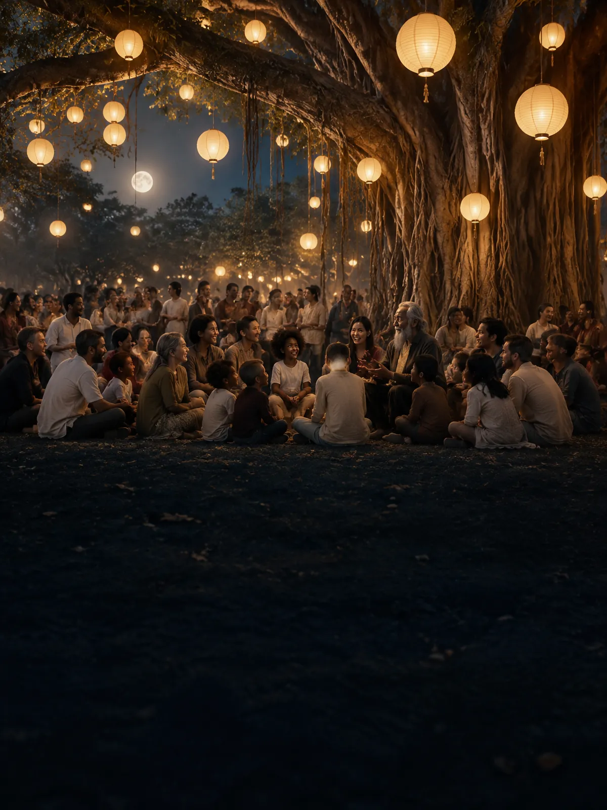 Diverse children, parents and grandparents listening to a storyteller beneath an enormous banyan hung with cream paper lanterns, surrounded by festival crowds