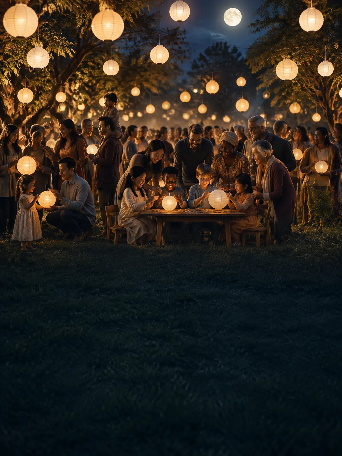 Children of different backgrounds making round paper lanterns with parents and grandparents at a garden table surrounded by a lively family crowd