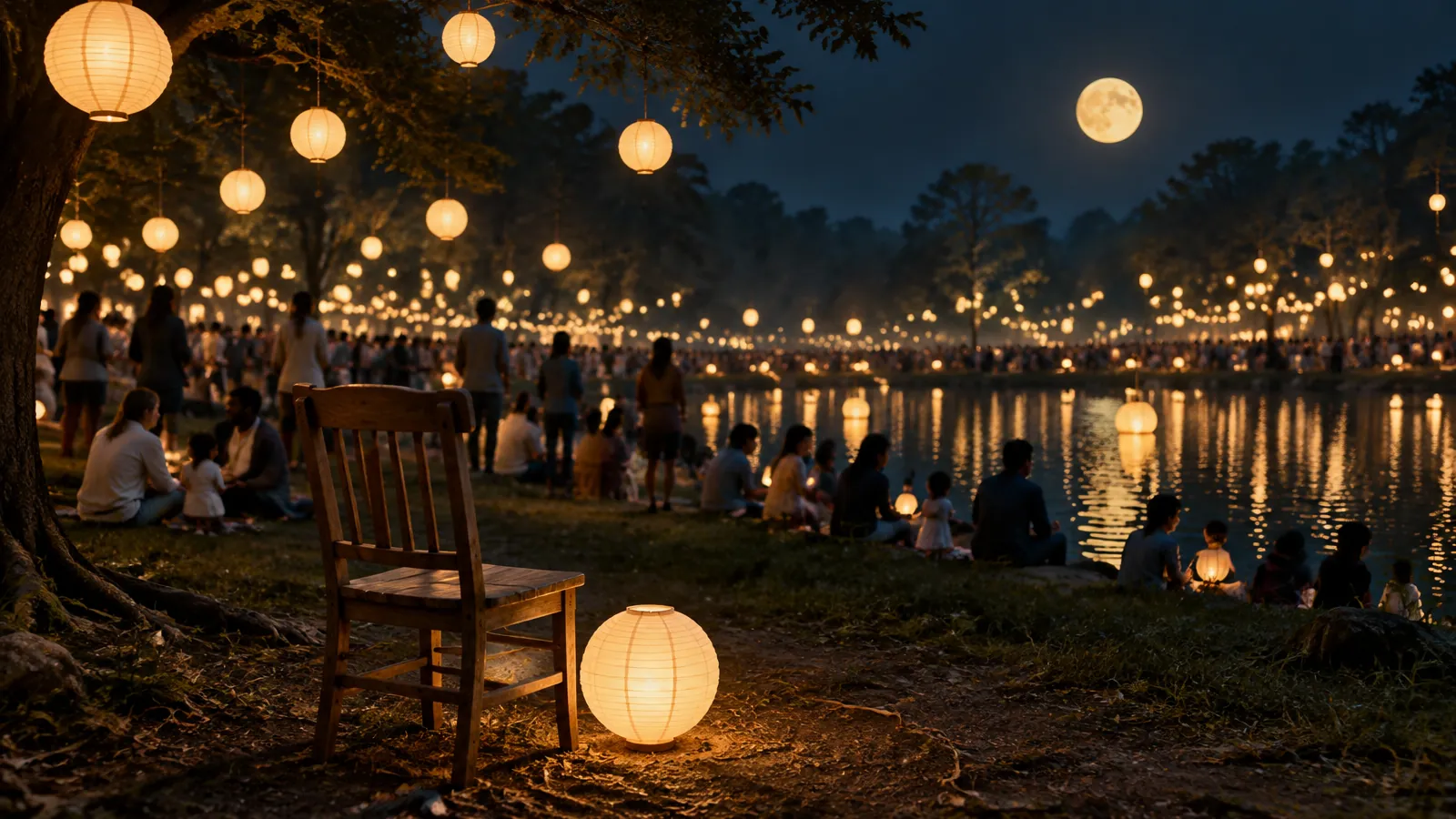 An empty wooden chair beside a glowing cream paper lantern, with a grand diverse waterfront festival crowd softly out of focus behind it