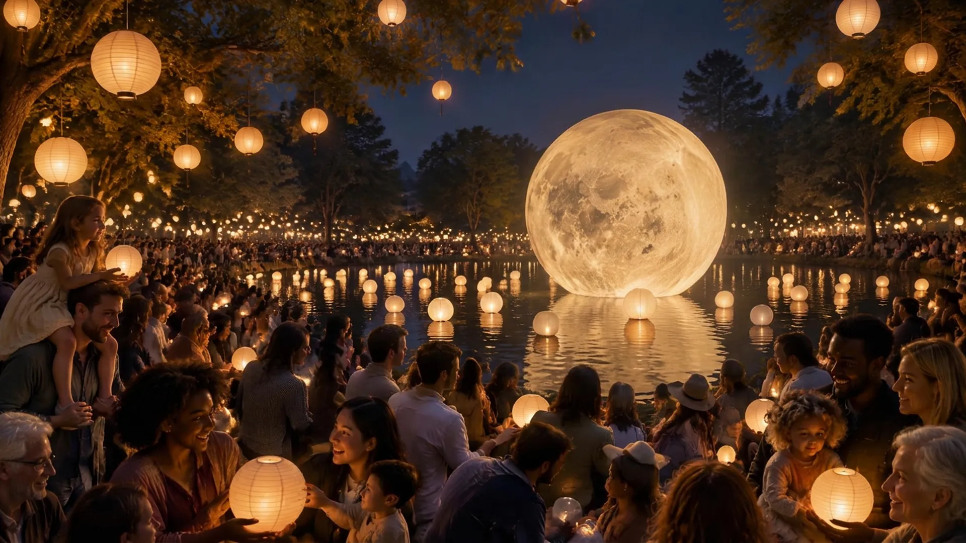 A diverse multigenerational festival crowd sharing cream paper lanterns beside a tree-lined waterfront beneath an enormous golden full moon