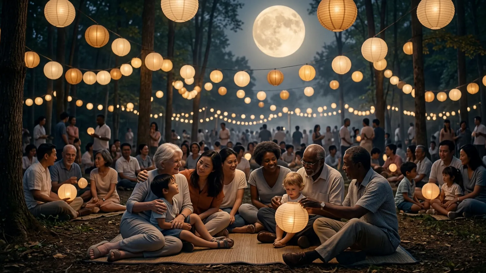 Diverse grandparents, parents and children sharing a joyful moment beneath cream paper lanterns amid a large moonlit woodland festival crowd