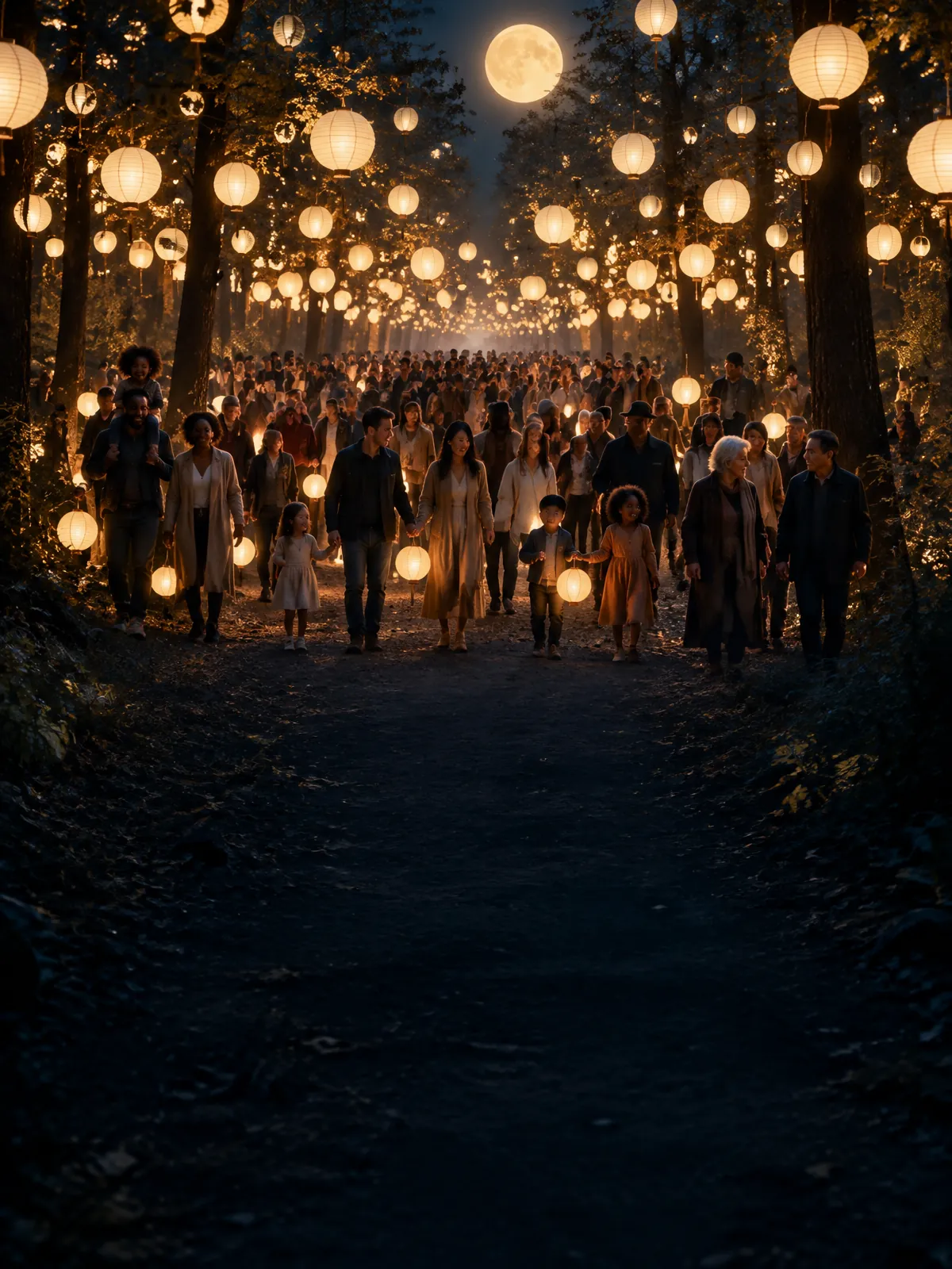 A large diverse crowd of families wandering beneath a dense canopy of glowing amber and cream paper lanterns in a moonlit woodland