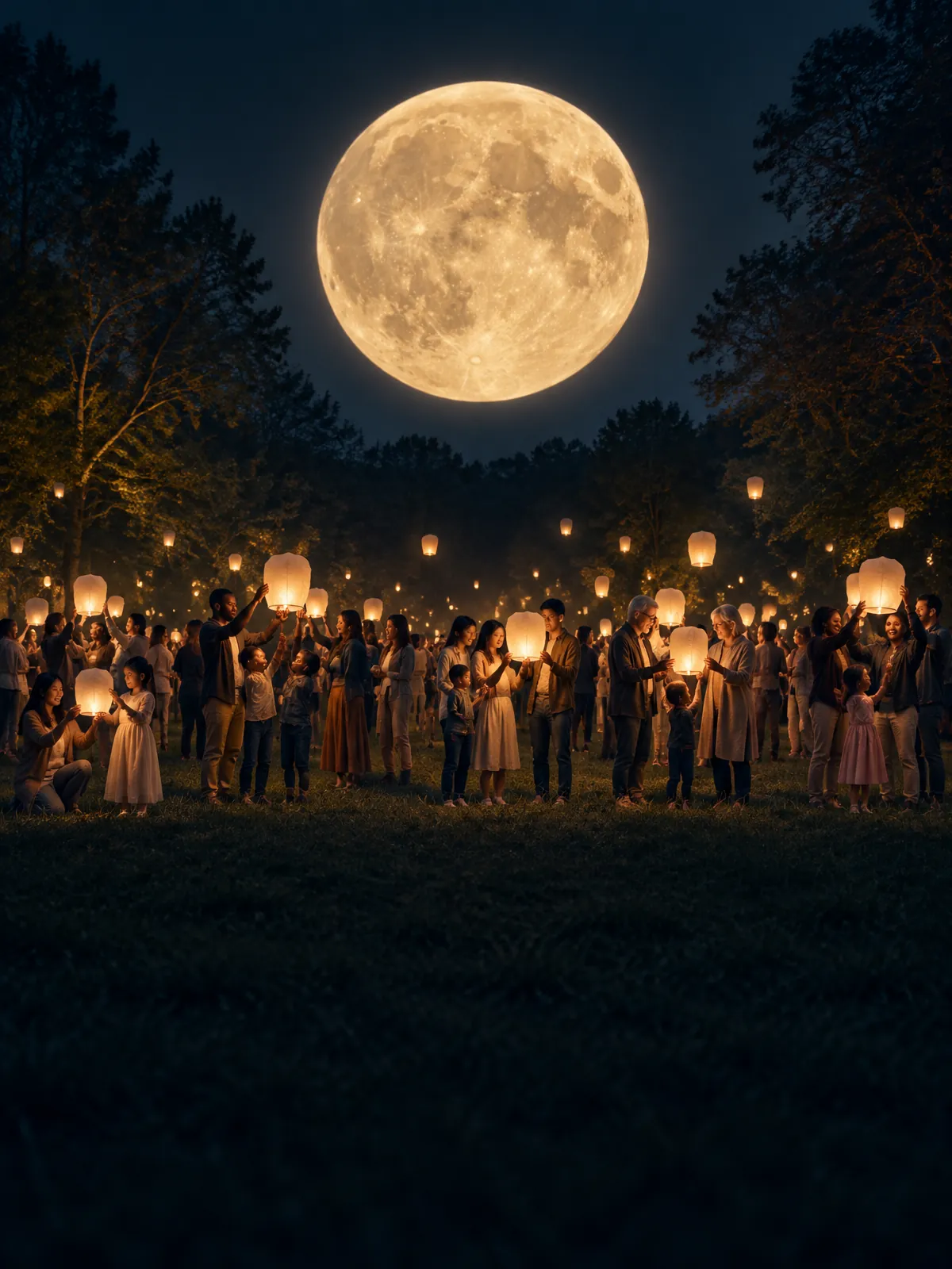 A large multigenerational crowd holding round amber lanterns together in a woodland clearing beneath a giant glowing full moon