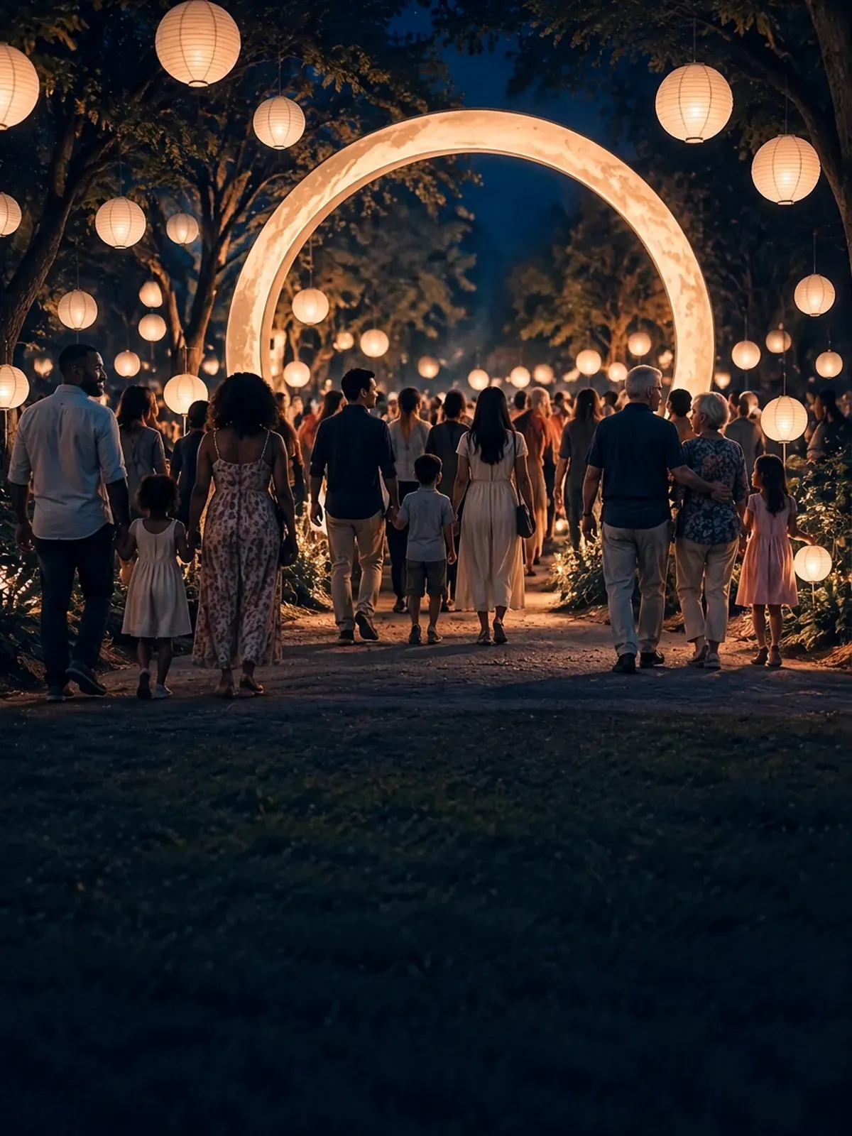 Diverse families streaming through a monumental glowing moon-shaped arch on a wooded festival path lined with cream paper lanterns