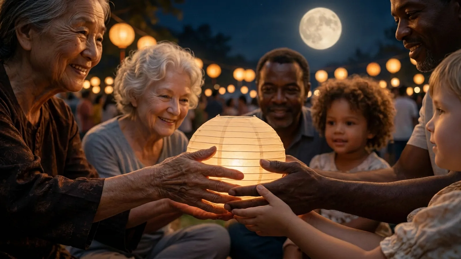 Hands of different generations and skin tones passing a glowing cream paper lantern, with diverse families and festive lantern light behind them