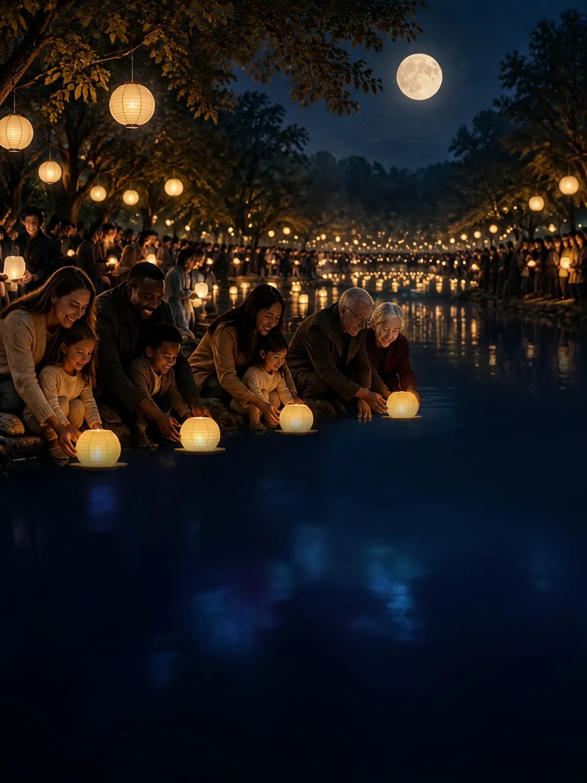 Diverse families releasing simple glowing paper lanterns onto a moonlit river, with hundreds of lantern reflections and crowds along the wooded banks