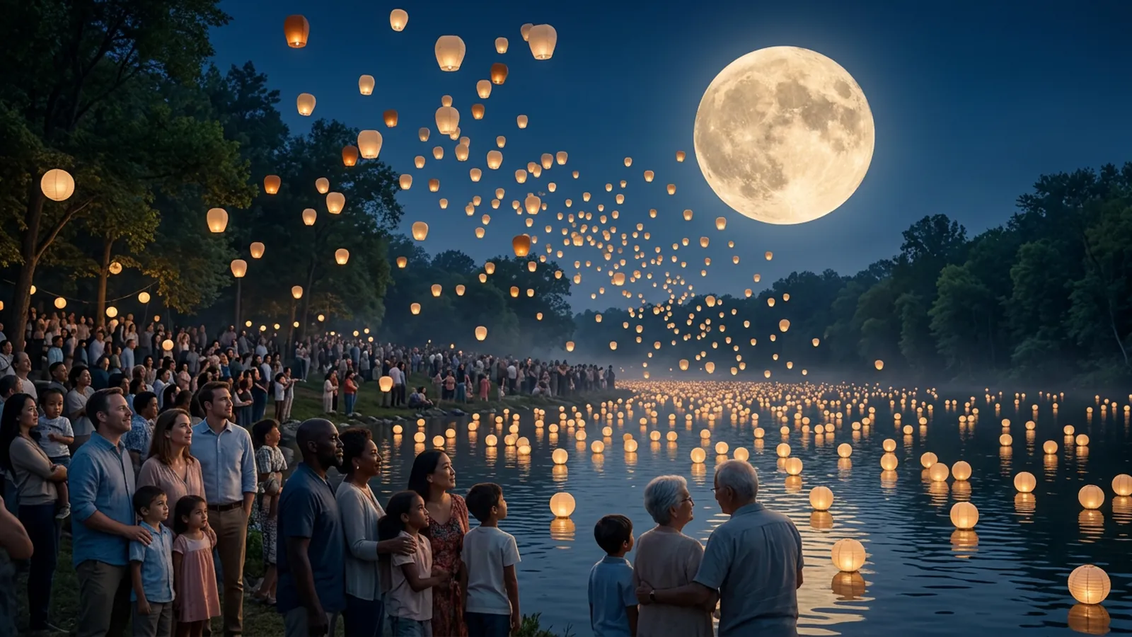 Diverse families watching hundreds of amber and cream paper lanterns float on water and rise toward a golden moon above a grand waterfront celebration