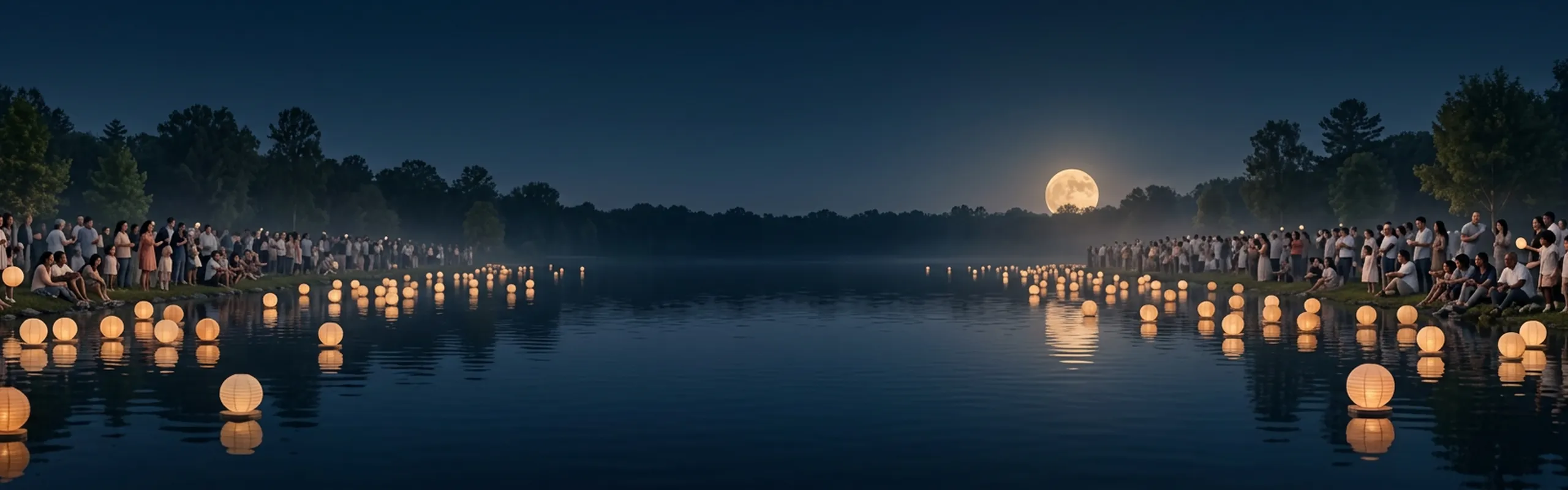A grand tree-lined waterfront festival with diverse families along both banks, glowing cream paper lanterns reflected on calm dark water and a distant golden moon